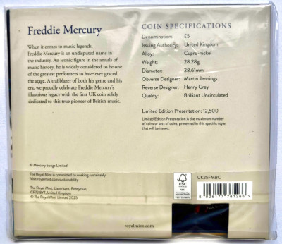 Freddie Mercury 2025 UK £5 Brilliant Uncirculated Colour Coin – Limitovaná edícia 12,500 ks