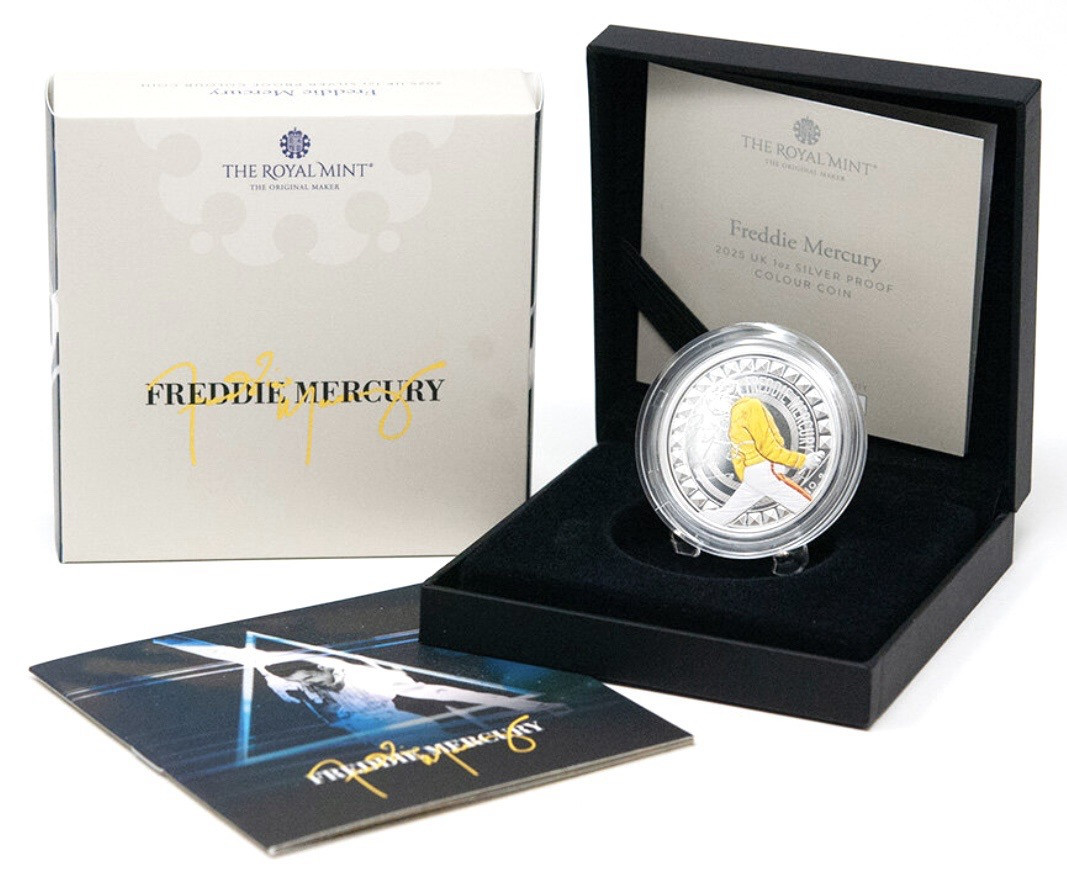Freddie Mercury 2025 UK 1oz Silver Proof Colour Coin – Limitovaná edícia 4,500 ks