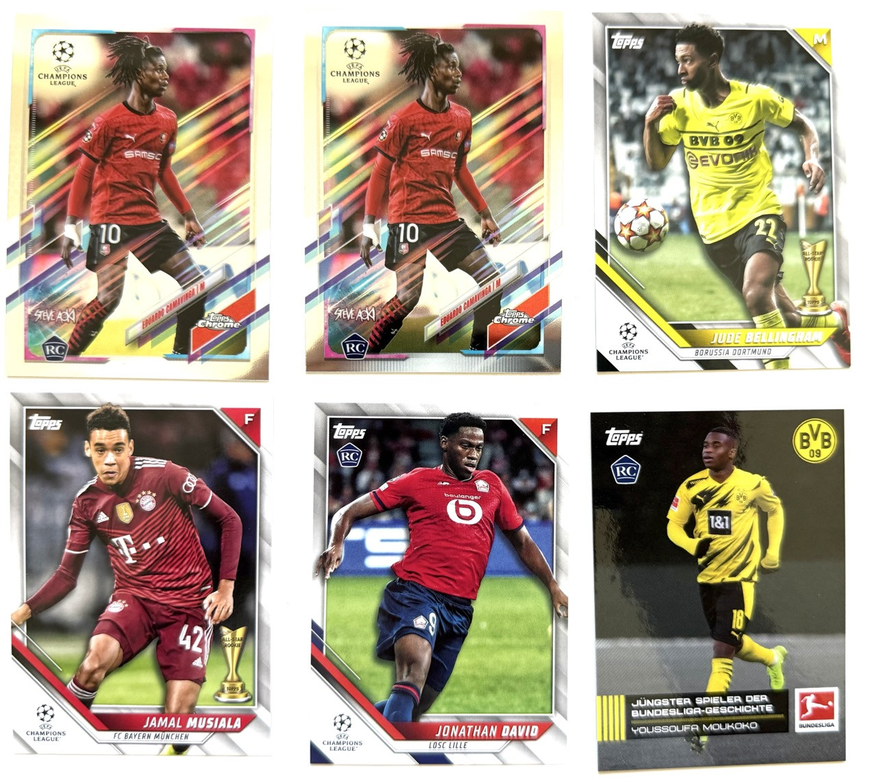 Topps rookie karty Bellingham, Camavinga, Musiala, Moukoko, David